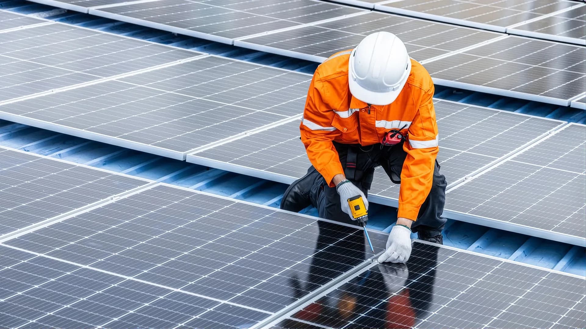 Technician servicing a rooftop solar array at an industrial facility